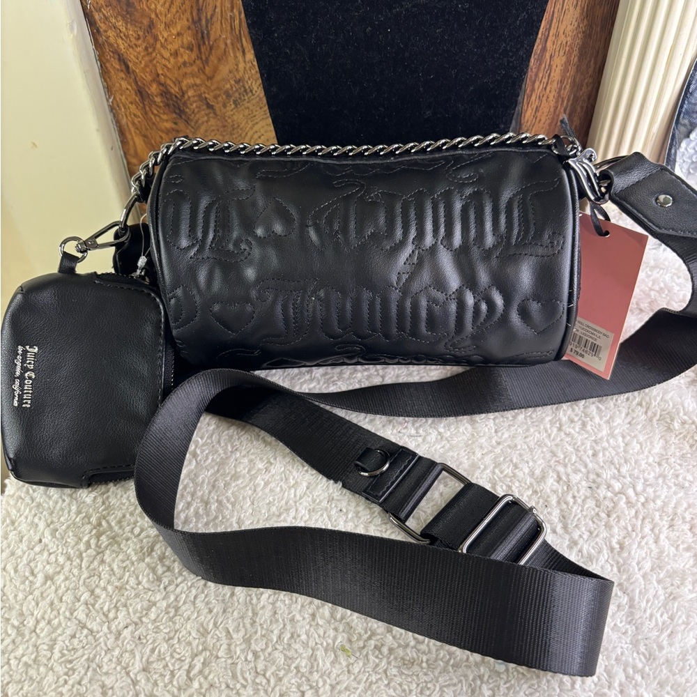 Juicy Couture set 2 Black Quilted Barrel Crossbody Bag/ID Card Wallet $80 NWT
